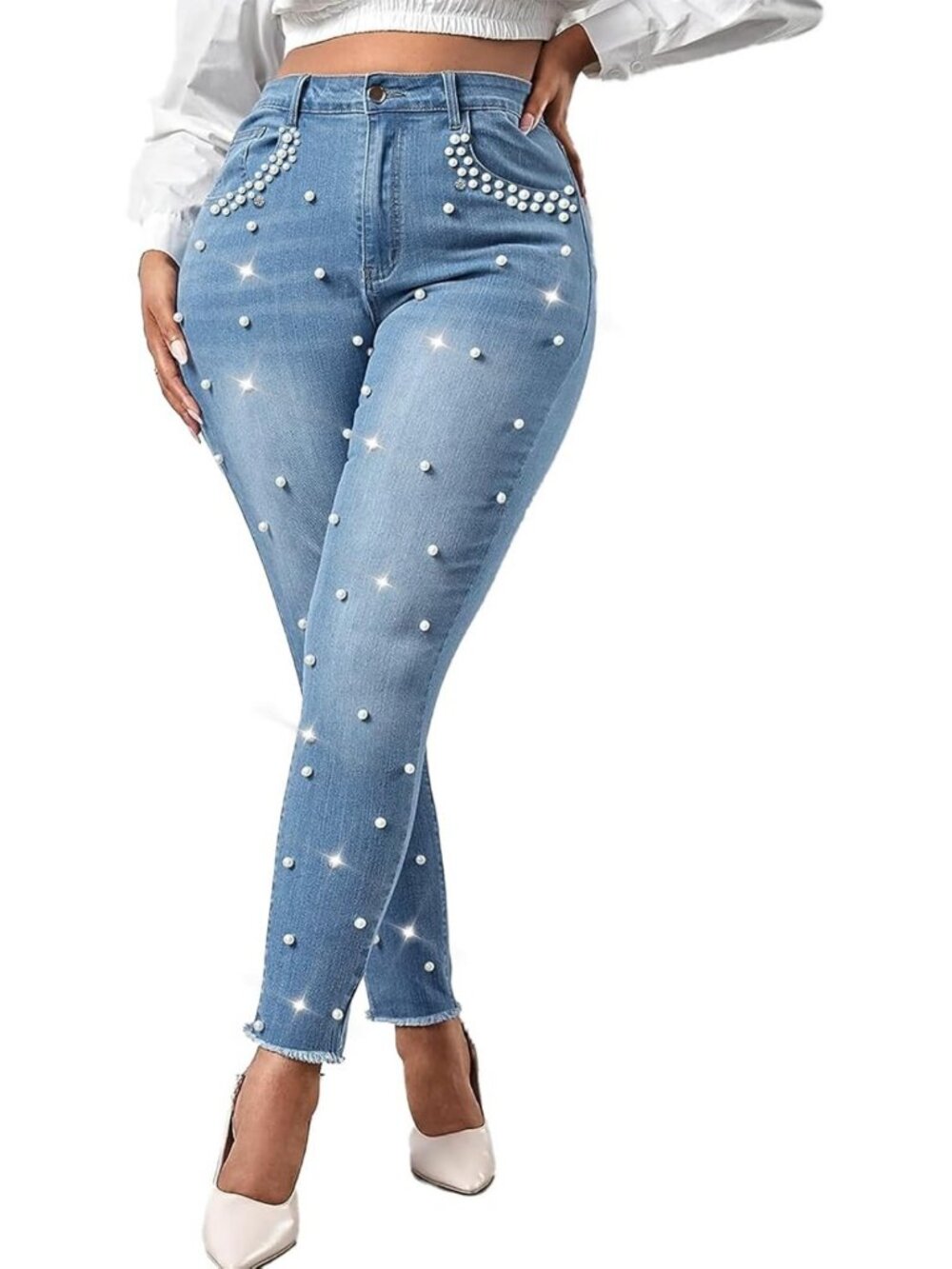 Stylish Women's Mid Rise Skinny Jeans with Stretch & Pearl Detail - Perfect Fit!